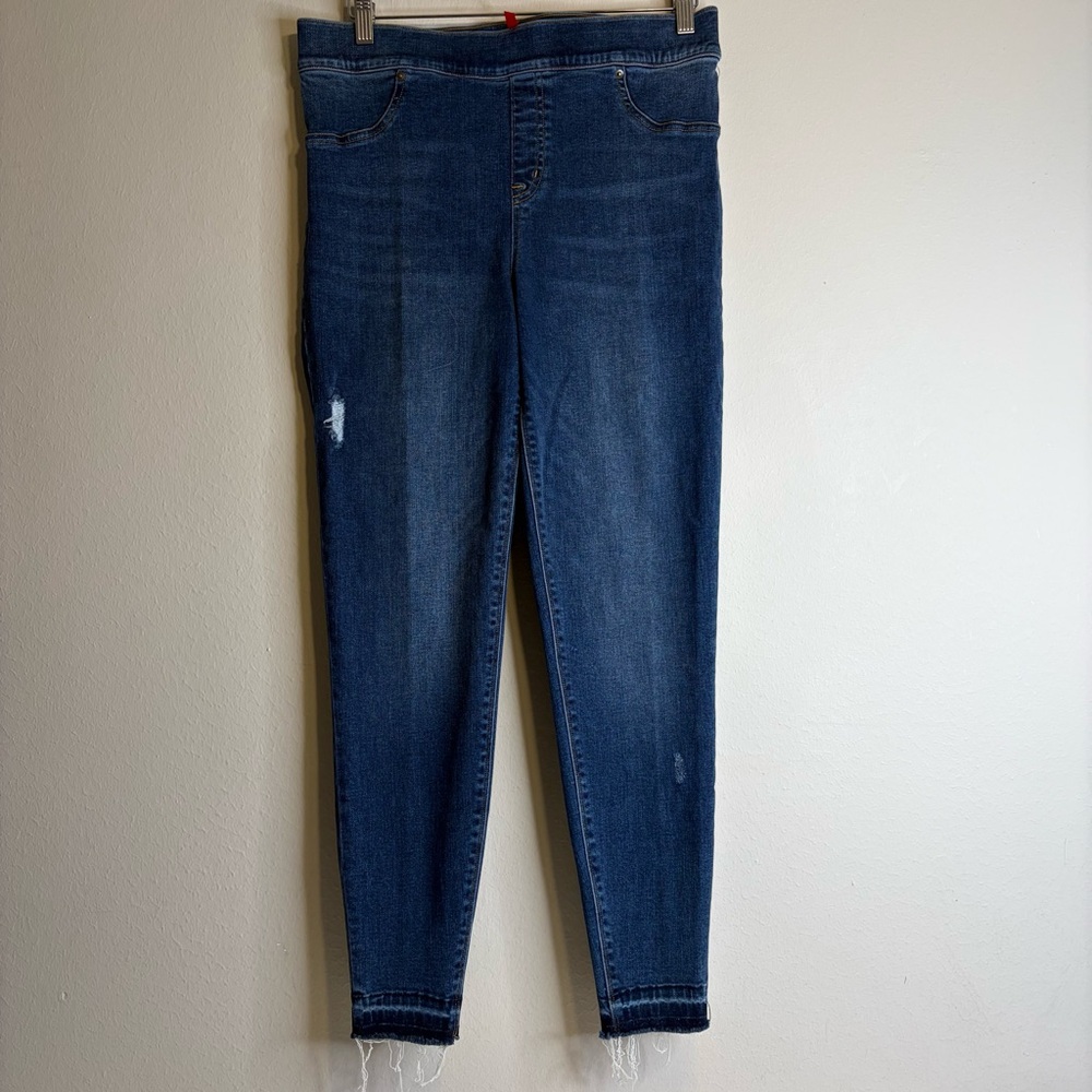 Spanx Jean-Ish Medium Wash Stretch Raw Hem Pull On Skinny Jeggings Jeans XL